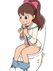 :&lt; ass bare_hips bare_legs black_sneakers blue_shorts blush bottomless bow censored fart highres jacket kodama_fumika legs level-5 loli long_hair panties panty_pull penguin_caee pink_bow ponytail public_restroom shirt shoes shorts shorts_down simple_background sitting sneakers striped_clothes striped_shirt sweat sweatdrop third-party_edit toilet underwear white_jacket white_panties youkai_watch