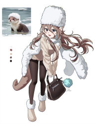 1girl animal_ears bag black_eyes black_pantyhose brown_hair floating_hair full_body fur_hat fur_scarf fur_trim hair_between_eyes handbag hat haze_(ohw8g) highres holding holding_bag leaning_forward long_bangs long_hair long_sleeves looking_at_viewer open_mouth original otter otter_ears otter_girl otter_tail pantyhose papakha personification photo-referenced reference_inset scarf simple_background sleeves_past_wrists solo standing tail v-shaped_eyebrows white_background white_fur white_hat white_scarf
