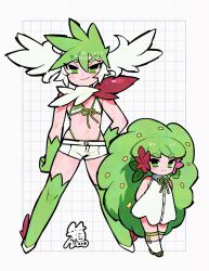 2girls arms_behind_back big_hair bikini boots collared_dress dress dual_persona flat_chest flower gen_4_pokemon gloves gracidea green_bikini green_eyes green_footwear green_gloves green_hair green_ribbon grid hacco_mayu hair_flower hair_ornament hair_wings hand_on_own_hip head_wings height_difference highres knee_boots legendary_pokemon legs_apart light_blush long_hair looking_at_viewer micro_shorts multicolored_bikini multicolored_hair multicolored_scarf multiple_girls mythical_pokemon navel neck_ribbon nintendo panty_straps personification pokemon red_scarf ribbon scarf shaymin shaymin_(land) shaymin_(sky) short_eyebrows shorts sleeveless sleeveless_dress smile smirk socks string_bikini swimsuit thick_eyebrows tomboy two-tone_hair v-shaped_eyebrows v-shaped_eyes white_bikini white_dress white_hair white_scarf white_socks white_wings wings
