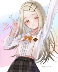 1girl akiei anniversary arm_up black_skirt blonde_hair blush bow bowtie breasts center_frills colored_sclera finger_counting frills gakuen_idolmaster gradient_hair grey_hair grin highres idolmaster index_finger_raised long_hair long_sleeves looking_at_viewer midriff_peek multicolored_hair orange_bow orange_bowtie orange_eyes pleated_skirt school_uniform serafuku shinosawa_hiro shirt skirt small_breasts smile solo twitter_username very_long_hair white_shirt