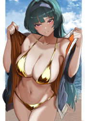 1girl absurdres astra_yao beach bikini black_hair blue_sky breasts cleavage cloud collarbone day gold_bikini hairband highres jacket large_breasts long_hair looking_at_viewer mole mole_under_each_eye mole_under_eye multiple_moles navel pillarboxed red_eyes sky solo swimsuit tian_kazuki two-sided_fabric two-sided_jacket very_long_hair white_hairband zenless_zone_zero
