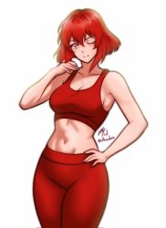 1girl arm_up breasts cleavage commentary english_commentary fire_emblem fire_emblem:_mystery_of_the_emblem hand_on_own_hip highres large_breasts looking_at_viewer minerva_(fire_emblem) navel nintendo one_eye_closed pants red_eyes red_hair red_pants red_sports_bra rotomdocs smile sports_bra yoga_pants