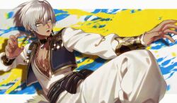 1boy :o artist_name black_choker black_sash black_vest blue_eyes blue_gemstone choker commentary_request dark-skinned_male dark_skin earrings fighting_stance gem gold_trim green_eyes grey_hair hair_between_eyes ibrahim_(1st_costume)_(nijisanji) ibrahim_(nijisanji) jewelry leg_up long_sleeves male_focus multicolored_eyes nijisanji open_clothes open_mouth open_vest pants pectoral_cleavage pectorals sash shion_(ajisionn) shirt short_hair solo splatter_background standing standing_on_one_leg triangle_earrings twitter_username two-tone_eyes v-shaped_eyebrows vambraces vest virtual_youtuber white_background white_pants white_shirt