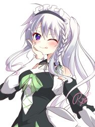 Rule 34 | 1girl, 9-nine-, ;p, absurdres, ahoge, alternate costume, bare shoulders, blush, bow, braid, breasts, closed mouth, commentary, detached collar, detached sleeves, dress, dress bow, enmaided, eyelashes, floating hair, furrowed brow, green bow, green ribbon, grey ribbon, hair between eyes, hair ribbon, hand on own cheek, hand on own face, hand up, highres, long hair, looking at viewer, maid, maid headdress, medium breasts, neck ribbon, niimi sora, nine ball maid uniform, one eye closed, purple eyes, ribbon, ryu9voice, side ponytail, sidelocks, signature, simple background, single braid, sketch, sleeveless, sleeveless dress, smile, solo, symbol-only commentary, tongue, tongue out, upper body, very long hair, white background, white dress