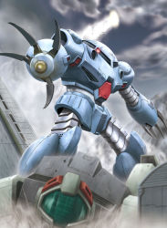 1980s_(style) bad_id bad_pixiv_id battle claws cloud contrail damaged glowing glowing_eye gm_(mobile_suit) gm_cold_districts_type gundam gundam_0080 hiro_(hibikigaro) mecha mecha_focus mountain no_humans oldschool retro_artstyle robot rocket science_fiction snow z&#039;gok-e zeon