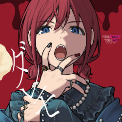 1girl absurdres artist_request black_nails blue_eyes blue_jacket commentary_request girls_band_cry highres holding_own_wrist iseri_nina jacket long_sleeves looking_at_viewer low_twintails multicolored_nails multiple_girls nail_polish official_art open_mouth red_background red_hair short_hair short_twintails solo song_name twintails