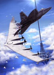 above_clouds absurdres ace_combat ace_combat_7 aerial_battle airborne_aircraft_carrier aircraft airplane arsenal_bird battle canopy_(aircraft) carrier cloud contra-rotating_propellers contrail day english_text f-22_raptor fighter_jet highres lens_flare lighthouse_(ace_combat) megastructure military_vehicle mq-101 no_humans ocean osean_flag outdoors roundel shadow sin_lines space_elevator sun thompson_(solowingfh) trigger_(ace_combat) unmanned_aerial_vehicle