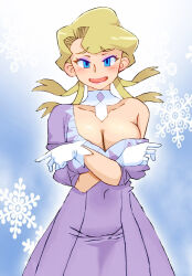 1girl arms_under_breasts blonde_hair blue_background blue_eyes blush breasts cleavage collarbone covered_navel covering_breasts covering_privates cowboy_shot crossed_arms detach_collar dress eyeshadow facing_viewer glacia_(pokemon) gloves large_breasts long_hair looking_at_viewer makeup nervous_smile off_shoulder onnaski open_mouth pokemon pokemon_oras smile snowflakes solo