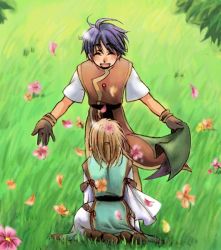 1girl eyebrows gender_request genderswap gensou_suikoden gensou_suikoden_i kneeling luc short_hair yakisobapan_tarou_&amp;_negitoro-ko