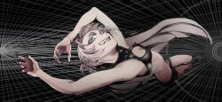 1girl armpits arms_up black_background black_nails black_shorts blonde_hair blue_eyes braid braided_hair_rings cleavage_cutout clothing_cutout crop_top fangs fingernails grin hair_rings highres looking_at_viewer nanakusa_nazuna_(yofukashi_no_uta) perspective reiquant ringed_eyes sharp_fingernails shorts sleeveless sleeveless_turtleneck smile solo turtleneck vampire vanishing_point yofukashi_no_uta