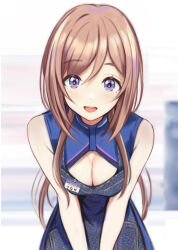 1girl animate_(company) apron bare_arms black_apron blue_dress blue_eyes blush braid breasts brown_hair cleavage cleavage_cutout clothing_cutout commentary_request dress gakuen_idolmaster himesaki_rinami idolmaster large_breasts long_hair looking_at_viewer name_tag nannacy7 open_mouth overalls simple_background smile solo tareme white_background