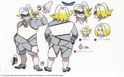 1boy absurdres alternate_language artbook blue_eyes closed_mouth concept_art english_text gloves gordie_(pokemon) hands_in_pockets highres jewelry knees male_focus mixed-language_text multicolored_hair multiple_views necklace nintendo non-web_source official_art pokemon pokemon_swsh ring scan shirt shoes shorts smile sunglasses take_(takegarou) third-party_source translation_request two-tone_hair