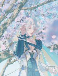 Rule 34 | 1boy, :d, antenna hair, armor, atalkingdonut, black choker, black gloves, black shirt, blue eyes, cherry blossoms, choker, coat, commentary, english commentary, falling petals, fingerless gloves, gloves, highres, honkai: star rail, honkai (series), looking at viewer, male focus, open mouth, parted bangs, pauldrons, petals, phainon (honkai: star rail), shirt, short hair, shoulder armor, single glove, single pauldron, smile, solo, white coat, white hair