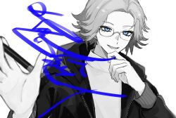 aotsuki_eito blue_eyes character_signature commentary greyscale hand_on_own_chin high_collar highres holding holding_marker jacket male_focus marker monochrome official_alternate_costume open_clothes open_jacket short_hair simple_background sparrowhabird spot_color symbol-only_commentary the_hundred_line_-last_defense_academy- tower_records upper_body