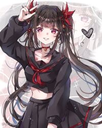 1girl bell black_nails black_sailor_collar black_skirt blush breasts brown_hair closed_mouth flower_tattoo hair_ornament hair_ribbon hand_up heart highres honkai:_star_rail honkai_(series) long_hair long_sleeves looking_at_viewer mark_under_both_eyes medium_breasts neck_bell neckerchief pink_eyes pleated_skirt red_neckerchief ribbon sailor_collar sailor_shirt school_uniform shirt skirt smile solo sparkle_(honkai:_star_rail) tattoo twintails twitter_username v very_long_hair yuewishies