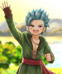 1boy :d absurdres artist_name bead_necklace beads blue_eyes blue_hair blurry blurry_background brown_gloves camus_(dq11) clenched_hand collarbone commentary dragon_quest dragon_quest_xi earrings fingerless_gloves gloves gold_earrings green_tunic highres hoop_earrings jewelry looking_at_viewer male_focus mountainous_horizon moyapippi necklace open_mouth outdoors pectoral_cleavage pectorals red_sash sash short_hair single_bang smile solo spiked_hair tunic upper_body waving