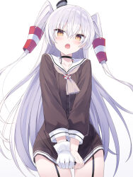 1girl amatsukaze_(kancolle) black_choker black_panties brown_dress brown_eyes choker collarbone cowboy_shot dress dress_tug gloves grey_hair hair_between_eyes highres kantai_collection long_hair long_sleeves looking_at_viewer open_mouth panties puffy_long_sleeves puffy_sleeves see-through_clothes see-through_dress shikuro_(iorimiyakiyo) simple_background single_glove solo two_side_up underwear very_long_hair white_background white_gloves