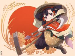 1girl black_hair brown_background brown_footwear brown_hat closed_mouth commentary_request full_body hair_rings hakama hakama_pants hat highres hoe holding japanese_clothes kimono kuro_kosyou long_sleeves looking_at_viewer pants purple_pants red_background red_eyes red_kimono rice_hat sakuna-hime sickle smile solo tensui_no_sakuna-hime thick_eyebrows two-tone_background v-shaped_eyebrows wide_sleeves