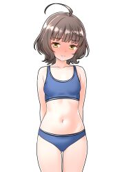 1girl absurdres ahoge arms_behind_back blue_panties blue_sports_bra blunt_bangs commentary_request commission cowboy_shot furaggu_(frag_0416) highres kantai_collection kishinami_(kancolle) navel panties pixiv_commission short_hair simple_background solo sports_bra standing stomach thighs underwear variant_set white_background yellow_eyes