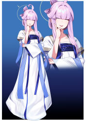 1girl ^_^ absurdres ahoge blue_archive chinese_clothes closed_eyes halo hanfu hiememiko highres kaya_(blue_archive) multiple_views purple_hair red_lips smile white_hanfu