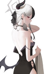1girl absurdres back black_dress black_hair black_horns blue_archive bow comp_(guzz3837) demon_horns demon_wings diamond_necklace dress ear_piercing from_behind gradient_hair grey_halo hair_bow halo highres horns kayoko_(blue_archive) kayoko_(dress)_(blue_archive) long_hair looking_at_viewer multicolored_hair official_alternate_costume partially_unzipped piercing single_wing solo strap_slip studded_choker two-tone_hair white_background white_hair wings