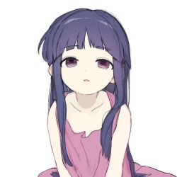 1girl bad_tag blurry_eyes dress furude_rika higurashi_no_naku_koro_ni long_hair looking_at_viewer non-web_source open_mouth purple_dress purple_eyes purple_hair shirt tagme upper_body