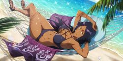 1girl air ankle_strap arm_up armpits beach beach_towel bikini black_bikini bleach bleach:_brave_souls bleach:_sennen_kessen-hen breasts crossed_legs dark-skinned_female dark_skin feet female_focus floral_print from_above hammock highres legs legs_together lens_flare long_image looking_at_viewer lying medium_breasts navel ocean official_art on_back outdoors palm_leaf parted_bangs pillow purple_hair sand sandals sarong seashell shell shihouin_yoruichi shiny_skin sparkle stomach strapless summer sunlight swimsuit toned toned_female towel tropical water wide_image yellow_eyes