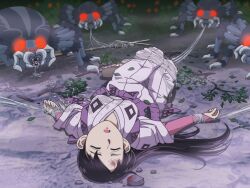 1girl black_hair breasts bug full_body japanese_clothes kekkaishi long_hair long_sleeves medium_breasts open_mouth ponytail spider tare-katsu unconscious wide_sleeves yukimura_tokine