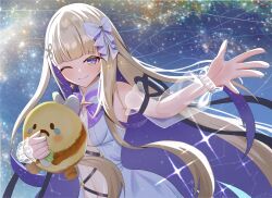 1girl absurdres amanogawa_shiina blonde_hair bow closed_mouth colored_inner_hair detached_sleeves dress hair_bow highres holding holding_stuffed_toy long_hair multicolored_hair one_eye_closed phase_connect purple_eyes purple_hair sad_bee_(amanogawa_shiina) satoti_chang see-through_clothes see-through_sleeves sky smile star_(sky) starry_sky stuffed_bee stuffed_toy virtual_youtuber white_bow white_dress