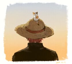 1boy animal animal_on_head back black_cape cape cat dated gohan_ooo hat monkey_d._luffy on_head one_piece red_hair shanks_(one_piece) short_hair straw_hat sunset upper_body