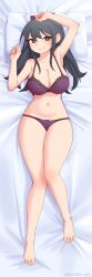 1girl absurdres arm_up armpits barefoot black_bra black_eyes black_hair black_panties bow bow_panties bra breasts bright_pupils brownish_hare cleavage closed_mouth collarbone commission commissioner_upload dakimakura_(medium) full_body hair_between_eyes hair_bow hand_up highres lace lace-trimmed_bra lace_trim large_breasts light_blush long_hair looking_at_viewer lying navel non-web_source on_back on_bed original panties pillow purple_bow purple_bra purple_panties sidelocks smile solo straight_hair twitter_username two-tone_bra two-tone_panties underwear veronica_(brownish_hare) white_pupils