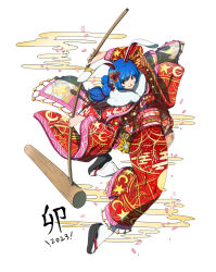 1girl 2023 animal_ears bell blue_hair blush chinese_zodiac crescent_print ear_ornament earclip egasumi floral_print full_body fur-trimmed_kimono fur_trim highres holding japanese_clothes kimono kine long_hair long_sleeves mallet obi petals platform_footwear print_kimono rabbit_ears red_eyes red_kimono sash seiran_(touhou) shishi_osamu smile socks solo star_(symbol) star_print tabi touhou white_background white_socks wide_sleeves year_of_the_rabbit