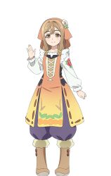 1girl apron bonnet boots brown_boots brown_hair collarbone double-parted_bangs full_body fur-trimmed_boots fur_trim genjitsu_no_yohane hair_intakes hanamaru_(genjitsu_no_yohane) highres kunikida_hanamaru long_hair long_sleeves love_live! love_live!_sunshine!! low-tied_sidelocks official_art orange_apron orange_bonnet orange_eyes pants puffy_pants purple_pants shirt sidelocks simple_background smile solo standing tachi-e transparent_background white_shirt