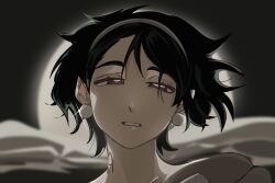 1girl alien_stage black_hair commentary derivative_work earrings english_commentary floating_hair hairband half-closed_eyes highres jewelry m0nacrose neck_tattoo parted_lips pearl_earrings portrait purple_eyes screenshot_redraw short_hair solo sphere_earrings sua_(alien_stage) tattoo