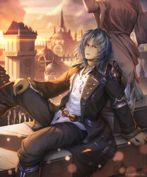 1boy arm_support belt black_coat black_pants building clock clock_tower coat commentary_request company_name cracked_skin feet_out_of_frame grey_hair hand_on_own_knee highres kazashino_miyabi leaning_back long_sleeves looking_at_viewer male_focus nicola_(shadowverse) official_art outdoors pants parted_lips purple_eyes railing shadowverse shirt short_hair sitting solo spread_legs statue sunset tower wavy_hair white_shirt