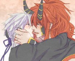 Rule 34 | 2boys, claws, drooling, fangs, hair ornament, heterochromia, horns, kiss, long hair, male focus, multiple boys, musou orochi, musou orochi 2, purple eyes, red hair, saliva, short hair, shuten doji, silver hair, size difference, tagme, taigong wang (musou orochi), yaoi, yellow eyes
