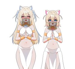 2girls :d ancient_egyptian_clothes animal_ear_fluff animal_ears armlet bare_shoulders blonde_hair blue_eyes blue_hair bracer breasts colored_inner_animal_ears dog_ears dog_girl egyptian_trend_(meme) empty_eyes fangs fuwawa_abyssgard groin hair_between_eyes hair_intakes hana20000920 highres hololive hololive_english jewelry large_breasts long_hair looking_at_viewer meme midriff mococo_abyssgard mouth_veil multicolored_hair multiple_girls navel open_mouth palms_together pelvic_curtain pink_hair see-through_clothes see-through_veil shaded_face short_hair siblings simple_background sisters small_breasts smile streaked_hair twins two-tone_hair two_side_up usekh_collar veil virtual_youtuber white_background