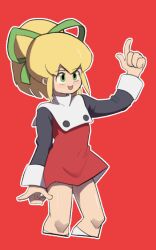 Rule 34 | 1girl, android, arm up, black shirt, blonde hair, blush, boots, capcom, dress, green eyes, hair ribbon, index finger raised, long hair, long sleeves, mega man (classic), mega man (series), open mouth, ponytail, red background, red dress, ribbon, robot, roll (mega man), rommi, shirt, sleeveless, sleeveless dress, smile, standing