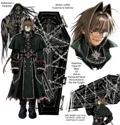 ahoge black_boots black_capelet black_coat black_gloves boots braid brown_hair capelet chain character_age character_name closed_mouth coat coffin cross glasses gloves goth_fashion hair_intakes height highres knight lips male_focus meisharan monster original pale_skin red_eyes single_braid smile standing valentine_(meisharan) white_background
