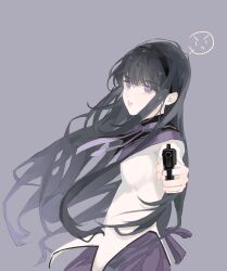 1girl absurdres aiming akemi_homura back_bow black_capelet black_hair black_hairband bow bowtie capelet chinese_commentary collared_capelet commentary_request cowboy_shot dress expressionless eyelashes fingernails floating_hair grey_background gun hair_between_eyes hairband handgun high_collar highres holding holding_gun holding_weapon lips long_hair long_sleeves looking_at_viewer mahou_shoujo_madoka_magica mahou_shoujo_madoka_magica_(anime) miniskirt nostrils parted_lips pink_lips pleated_skirt pointy_nose purple_bow purple_bowtie purple_capelet purple_eyes purple_skirt short_dress sidelocks simple_background skirt solo spoken_expression two-tone_capelet very_long_hair weapon white_dress wind yuan_a_zi_a