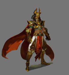 1boy ancient_egyptian_clothes anubis_(mythology) armor armored_boots boots breastplate cape floating_cape full_body gauntlets gold_armor helmet highres kang_jihun_(ahelove5427) muscular ornate_armor pauldrons red_cape shoulder_armor solo standing