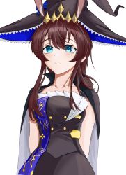 Rule 34 | 1girl, absurdres, ambience synesthesia, amiya (arknights), amiya (medic) (arknights), amiya (medic) (solo around the world) (arknights), animal ears, arknights, arms behind back, black cape, black hat, blue eyes, blue hat, brown hair, cape, chinese commentary, closed mouth, collarbone, commentary, dio ren bi li, ears through headwear, frilled hat, frills, grey cape, hair between eyes, hat, highres, light blush, long hair, official alternate costume, simple background, smile, solo, two-sided cape, two-sided fabric, two-sided headwear, white background, witch hat