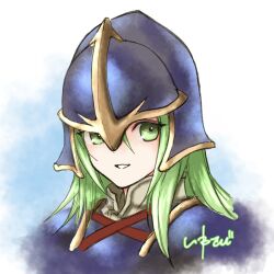 Rule 34 | 1girl, blue helmet, commentary request, fire emblem, fire emblem: path of radiance, green eyes, green hair, helmet, highres, long hair, nephenee (fire emblem), nintendo, smile, solo, studio sugimoto, translation request, upper body