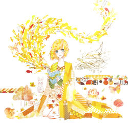 Rule 34 | 1girl, abstract, aqua eyes, blonde hair, blunt bangs, blush, bob cut, book, cathinthecloud, chipmunk, commentary, english commentary, fly agaric, full body, hedgehog, holding, holding book, invisible floor, kneeling, looking at viewer, masking tape (medium), mixed media, mushroom, open book, original, parted lips, rabbit, short hair, signature, sleeves past wrists, smile, solo, squirrel, traditional media, tree stump, unconventional media, white background, yellow cloak