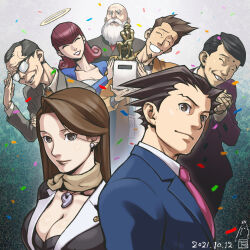 2girls 5boys ace_attorney asymmetrical_bangs bald beard black_hair blue_jacket breasts brown_eyes brown_hair cindy_stone cleavage collared_shirt confetti dated facial_hair frank_sahwit glasses grey_jacket halo highres iwamoto_tatsurou jacket jewelry large_breasts larry_butz long_hair long_sleeves looking_at_viewer magatama magatama_necklace mia_fey mole mole_under_mouth multiple_boys multiple_girls mustache necklace necktie official_art old old_man open_mouth phoenix_wright phoenix_wright:_ace_attorney pink_jacket pink_necktie scarf shirt short_hair smile spiked_hair statue the_judge_(ace_attorney) the_thinker white_shirt winston_payne yellow_scarf