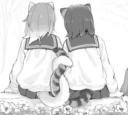 2girls body_fur cat_girl flower from_behind furry furry_female greyscale intertwined_tails kikurage_(crayon_arts) long_hair monochrome multiple_girls original outdoors school_uniform serafuku sitting skirt tail yuri