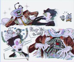 2boys android ant_tenna black_hair black_jacket black_pants blackmaro1 blush blush_stickers cable chromatic_aberration crt deltarune dress english_text gloves hand_on_own_head hashtag-only_commentary heterochromatic_eyewear highres jacket lying male_focus multiple_boys multiple_views necktie object_head on_side open_clothes open_shirt pants pillow pipis_(deltarune) pointy_nose short_hair spamton_g._spamton speech_bubble tailcoat tinted_eyewear wedding_dress white_gloves yaoi yellow_necktie