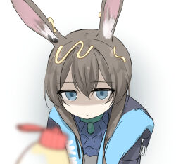 1girl amiya_(arknights) animal_ears arknights ascot black_jacket blue_ascot blurry blurry_foreground brown_hair closed_mouth enji-kun food food_on_head glaring half-closed_eyes highres jacket long_hair looking_at_viewer mayonnaise mayonnaise_bottle object_on_head open_clothes open_jacket rabbit_ears rabbit_girl shaded_face simple_background solo upper_body white_background