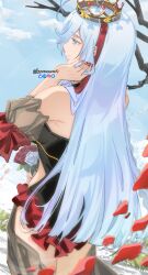 1girl 86_-eightysix- absurdres bouquet cowboy_shot crown day detached_sleeves flower from_behind highres holding holding_bouquet knowname long_hair outdoors red_flower red_nails red_petals red_rose red_streaks rose solo very_long_hair vladilena_millize white_flower white_hair white_rose