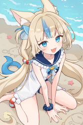 Rule 34 | 1girl, absurdres, animal ear fluff, animal ears, aqua nails, beach, blonde hair, blue eyes, blush, cat ears, cat girl, collarbone, fins, fish tail, highres, indie virtual youtuber, long hair, looking at another, mochigome 19, multicolored hair, open mouth, sameko saba, sand, shirt, sitting, sleeveless, sleeveless shirt, smile, solo, starfish, tail, very long hair, virtual youtuber, wariza, white shirt